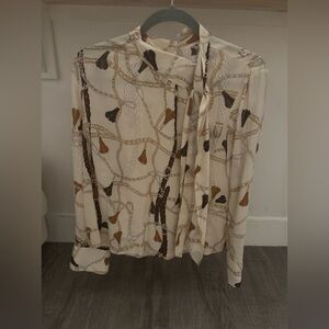 New Nine West Long Sleeve Cream Design High Neck Tie Sheer Blouse Size M